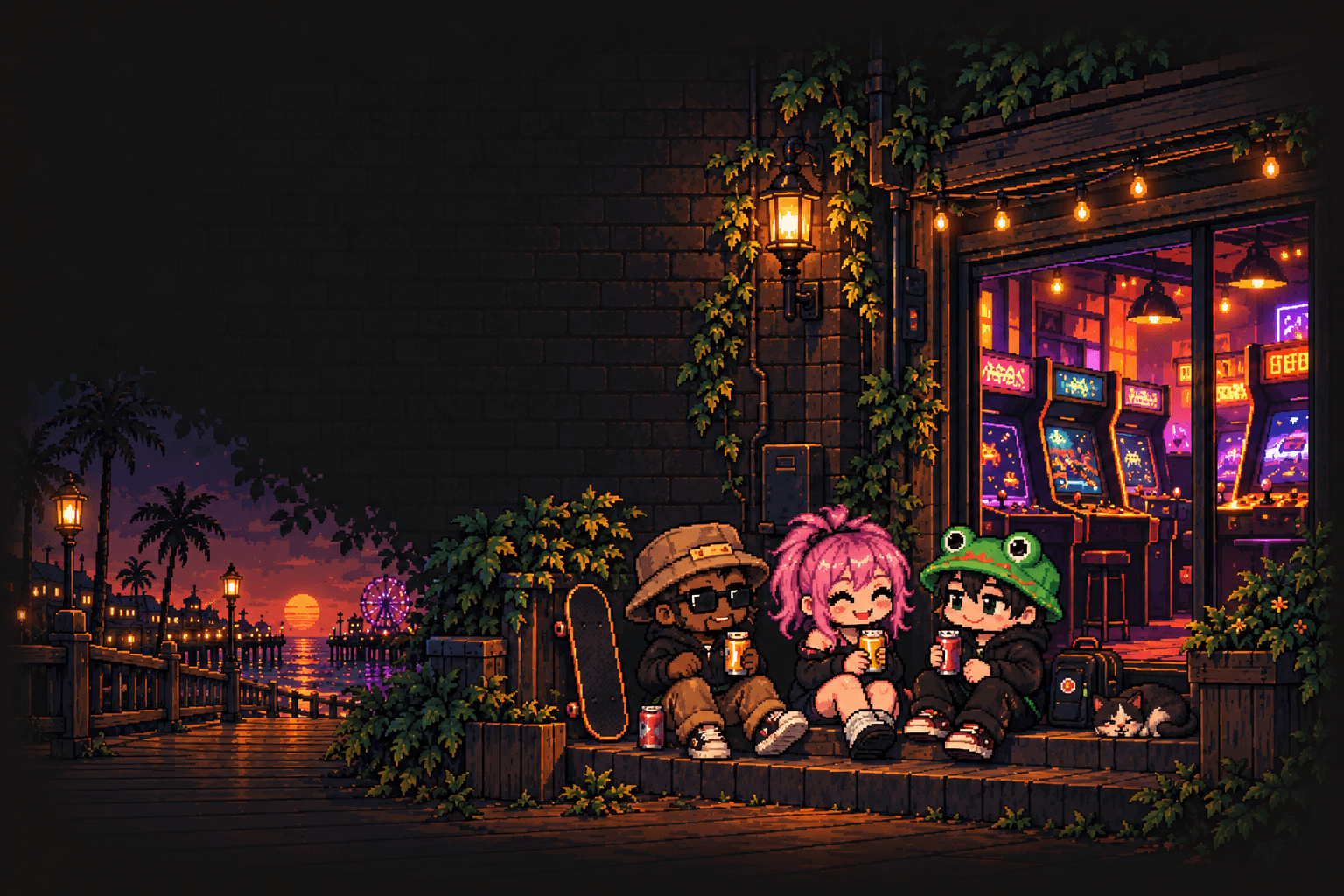 Three pixel-art regulars hanging out beside a Boardwalk arcade
