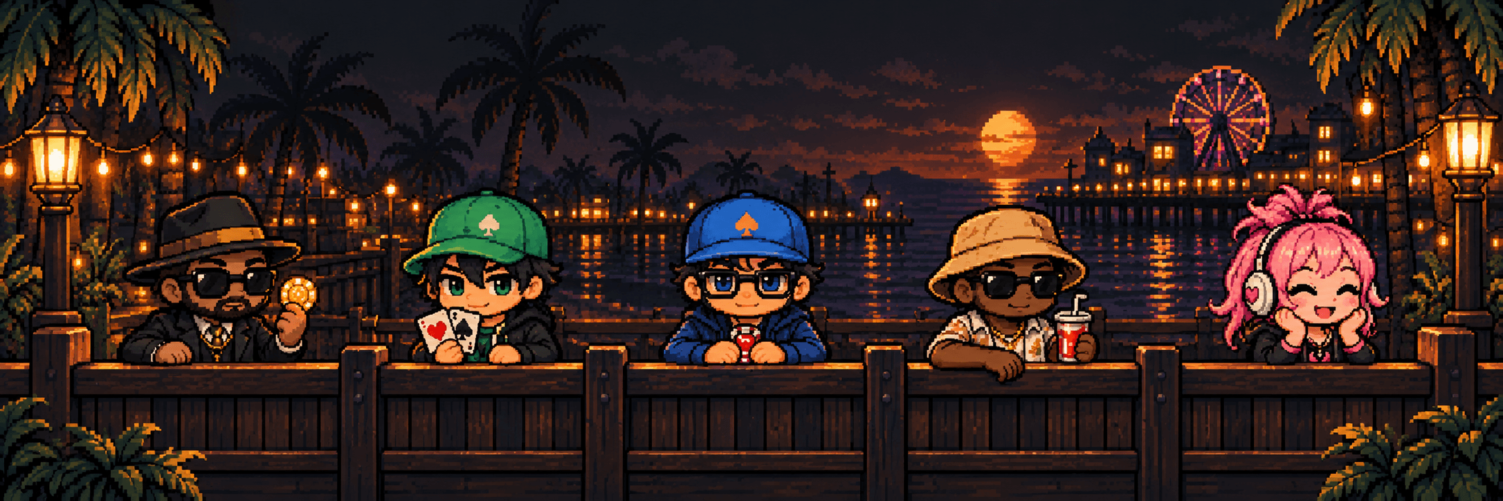 Five pixel-art regulars standing together along the Boardwalk railing